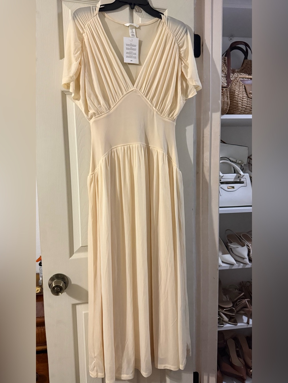 H&M Sheer Jersey Midi Dress in Light Yellow – Feminine Pleated V-Neck S